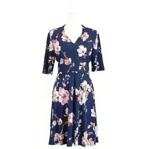 GILLI Navy Floral Midi Dress (Modcloth Brand) Short Sleeve V-Neck Stretch Size L